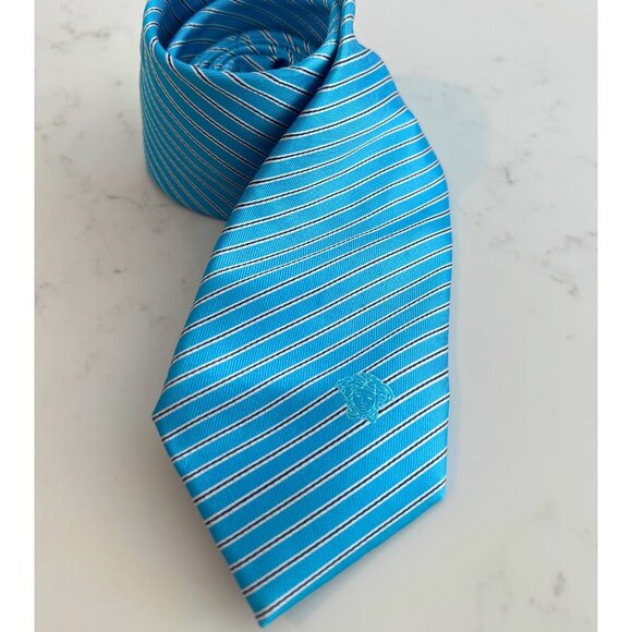 Versace Made in Italy Blue Stripe Silk Tie Medusa Logo | 100% Silk - Picture 2 of 8